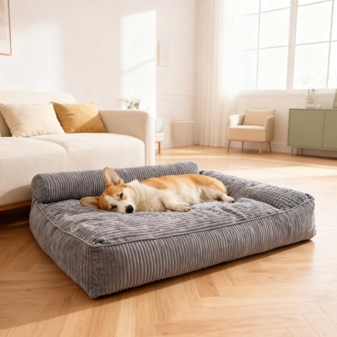 Großes Hundekissen mit Nackenrolle, waschbar