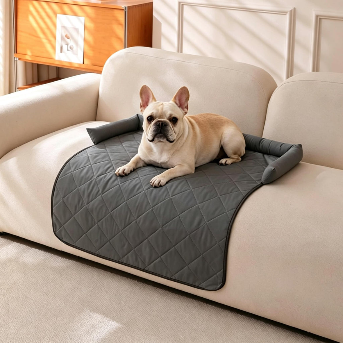 Graue wasserdichte Sofamatte mit Nackenrolle auf einem hellen Sofa, Französische Bulldogge liegt darauf