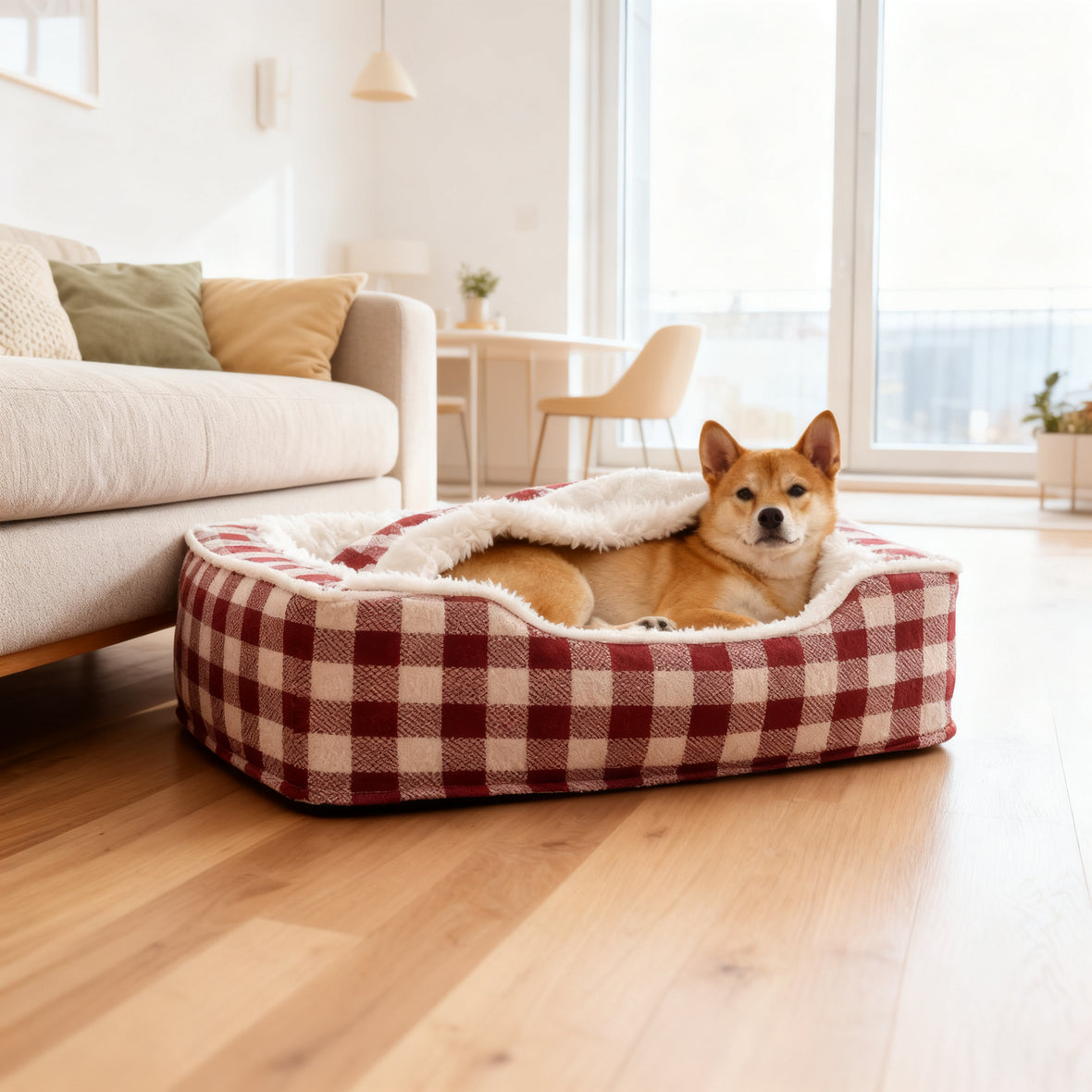Shiba Inu liegt in einem rot-beige karierten Hundebett mit Schaumstoffrand und Plüschfutter