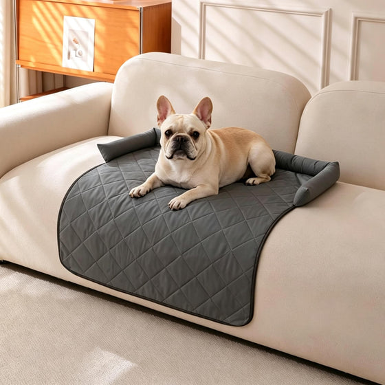 Graue wasserdichte Sofamatte mit Nackenrolle auf einem hellen Sofa, Französische Bulldogge liegt darauf