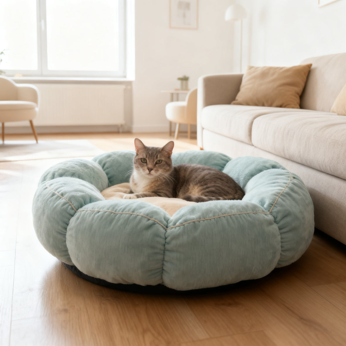 Katzenbett in Blütenform aus Plüsch